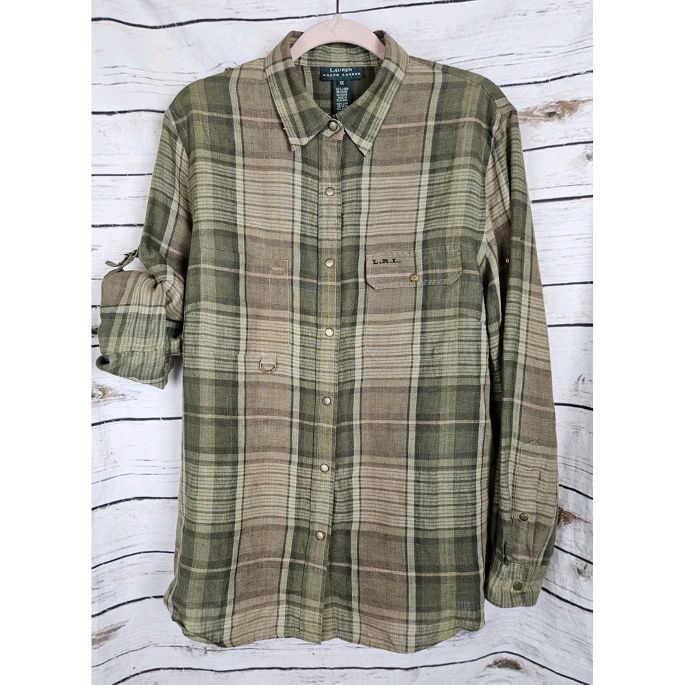 Lauren Ralph Lauren Green Plaid Button Up 1X Top 100% Linen Snaps